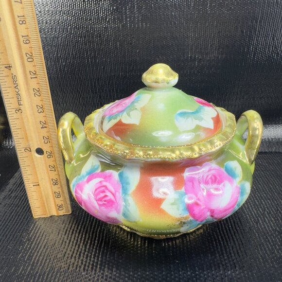 Antique Nippon Porcelain Hand Painted Sugar Bowl Small Container Jar Beaded VTG - Picture 2 of 15